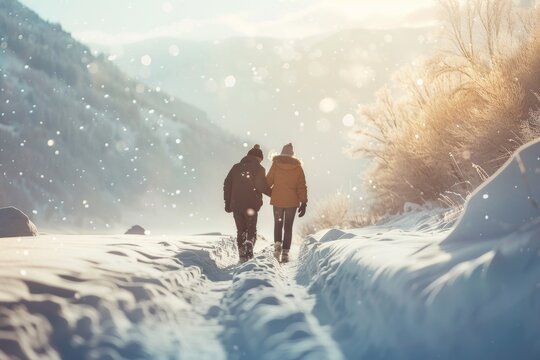 Snowy path with two people walking in the snow. Winter foreat background 