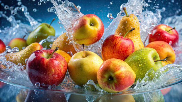 A mix of ripe apples, pears, and peaches plunging into water, creating a refreshing splash