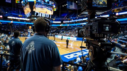 Behind-the-Scenes at a Live Basketball Broadcast in a Bustling Arena
