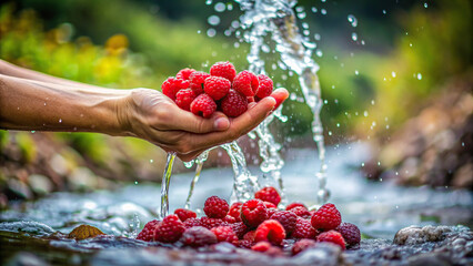 A handful of raspberries being tossed into a stream, creating a natural splash