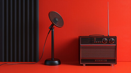 a round mirror next to a radio