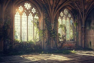 Inside an abandoned gothic castle, broken windows with ivy and plants growing through them, warm light coming in through the windows, ornate wall art