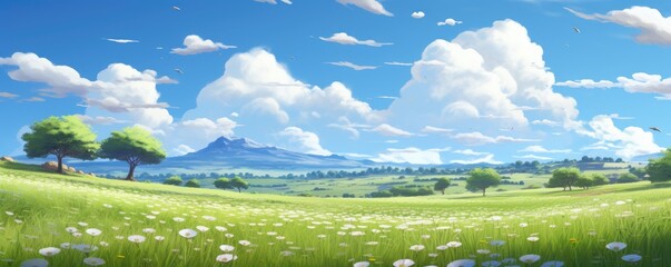 Fototapeta premium A beautiful, serene landscape with a large field of grass and a few trees