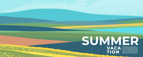 Summer nature landscape horizontal poster, web banner, cover, card with fields, lake, mountains in the distance and typography design. Summer holidays, vacation travel in Europe illustration.