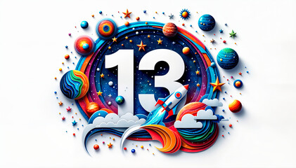 Number “13” in a vibrant space-themed design with colorful planets, stars, and a rocket. Ideal for 13th birthdays, space-related events, and educational purposes. for advertisements, marketing