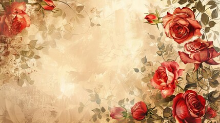 intricate floral frame with red roses on pastel background fantasy illustration