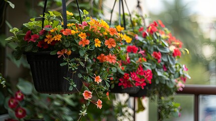 Vibrant hanging planters on a balcony, a variety of flowers and foliage, urban gardening and green living