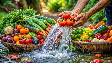 A mix of assorted vegetables being cleaned under a flowing stream of water, emphasizing purity and freshness 