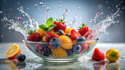 A refreshing blend of fruits splashing into a bowl of water, creating a dynamic composition 