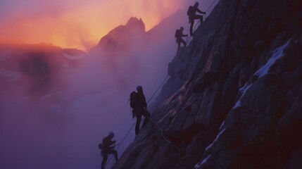 Fototapeta premium group of person climbing a mountain on a cloudy sunrise