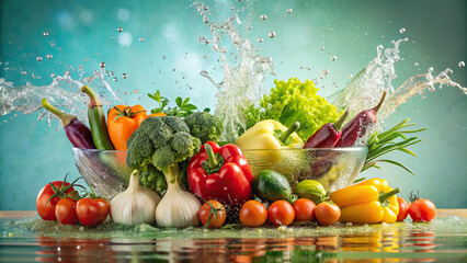 A mix of farm-fresh vegetables getting a refreshing splash in clear water, set against a soothing pastel-colored backdrop