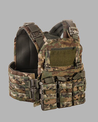 Detailed view of modern camouflage military tactical vest with MOLLE system, multiple pouches, and...