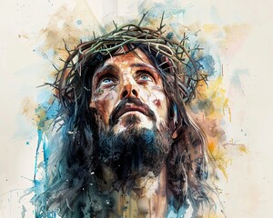Painting of Jesus wearing a crown of thorns, watercolor