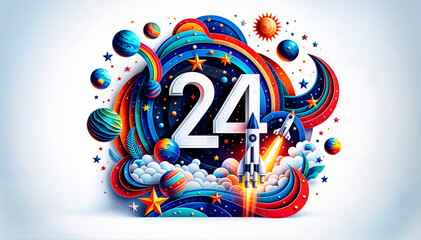 Number “24” in a colorful space-themed design with planets, stars, and a rocket. Ideal for space-related events, 24th birthdays, and educational purposes. Suitable for commercial advertising, marketin