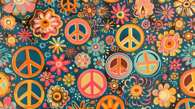 A colorful groovy pattern featuring peace signs flowers