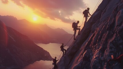 group of people with helmet and harness climbing a mountain on a cloudy dawn in high resolution and quality
