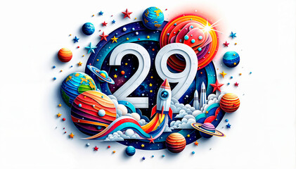 Obraz premium Number “29” in a colorful space-themed design with planets, stars, and a rocket. Ideal for space-related events, 29th birthdays, and educational purposes. Suitable for commercial advertising, marketin