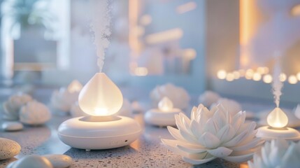 Soft lighting and aromatic diffusers create a serene, relaxing spa environment, with candles adding a calming glow.