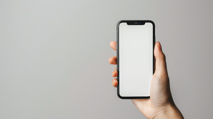 Woman hand holding, showing blank screen mobile phone isolated on white background, mockup