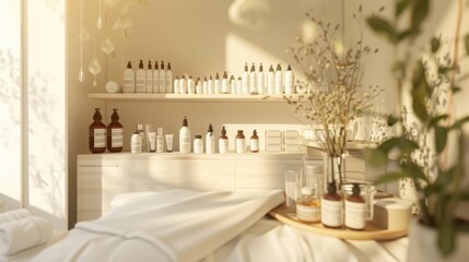 A tranquil day spa room features a well-lit display of various skincare products and cozy treatment bed, bathed in soft morning sunlight.
