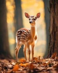 A cute baby deer standing in a beautiful forest with a lot of fallen leaves.