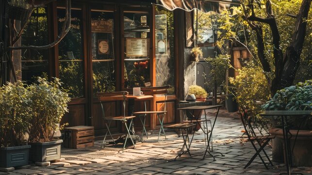 A quaint cafe' with outdoor seating and a charming rustic interior, captured in a warm, inviting atmosphere