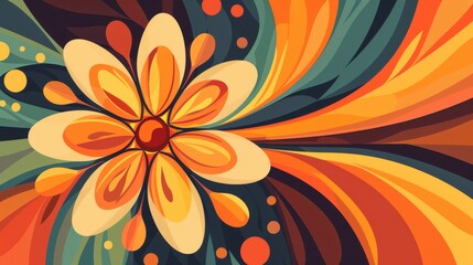 A retro-style illustration of a flower power design with bold, groovy shapes and warm tones