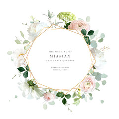 Spring flowers vector design geometry invitation frame. Rustic wedding greenery. Mint, blue, green tones. Watercolor save the date card. Summer rustic style. All elements are isolated and editable