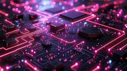 Fototapeta premium Tech board with neon lines and nodes