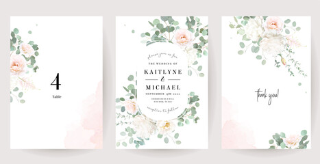 Floral eucalyptus selection vector frames. Hand painted branches, white flowers, leaves on white background. Greenery wedding invitations. Watercolor style cards. Elements are isolated and editable
