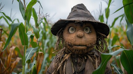 A scarecrow dressed in old clothes standing guard in a cornfield.