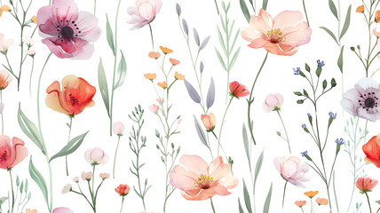 ilustracion estilo acuarelas sobre flores del campo fondo blanco