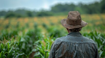 A scarecrow dressed in old clothes standing guard in a cornfield.