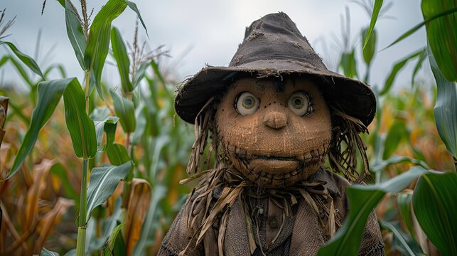 A scarecrow dressed in old clothes standing guard in a cornfield.