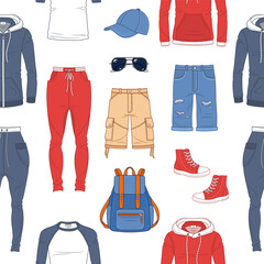 Men's Sportswear Collection. Sport clothes, vector seamless pattern background