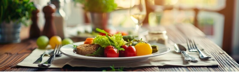 plate of food on a table with silverware, food background 