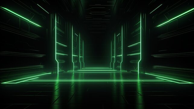 The image is a dark, futuristic sci-fi corridor with green neon lights on the floor and walls.