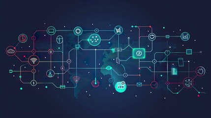 Obraz premium Blue banner with icons related to remote or online tech support, technical assistance, software service ,technology internet background ,Network of digital systems that are compatible