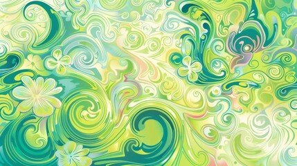 Psychedelic patterns featuring swirls and flowers in a mix of bright colors, including green and pale blue