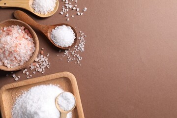 Natural salt in different dishware on brown background, flat lay. Space for text