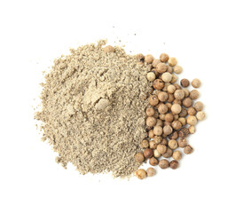 Aromatic spice. Ground and whole pepper isolated on white, top view