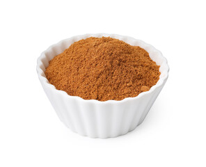 Aromatic spice. Ground red pepper in bowl isolated on white