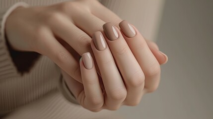 Woman hands against a neutral backdrop, with her nails adorned in a flawless manicure featuring subtle shades of cream and blush