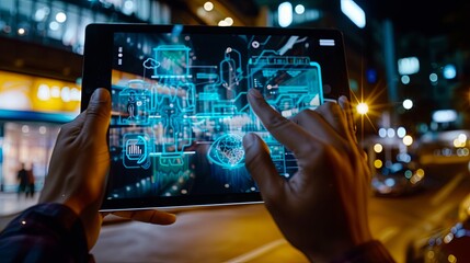 Person holds a tablet in front of him, on the screen of which an overlay of digital elements of augmented reality AR is displayed