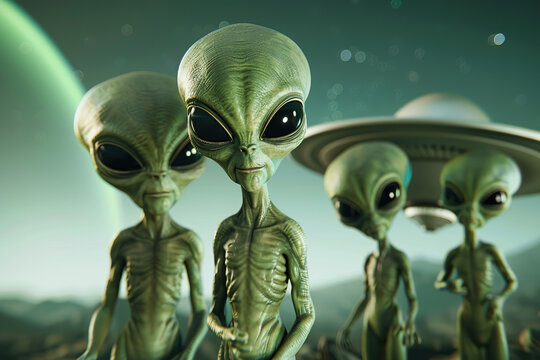 Some alliens looking to the camera, close-up view. Fine idea to celebrate UFO day