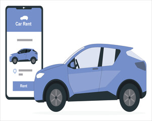 Online ordering taxi car, rent and sharing using service mobile application. Smartphone screen with route and points location on a city map on the car and urban landscape background.
