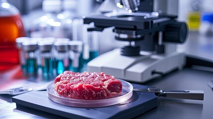 Raw beef sample placed in a sterile Petri dish on a laboratory workbench