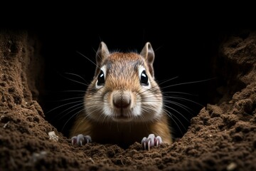 A curious chipmunk peeks out of its burrow.