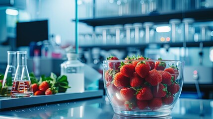 Modern laboratory setup with strawberries in a clear glass container - Powered by Adobe
