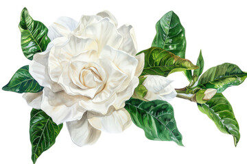 A single white gardenia in full bloom stands out against a clean white background